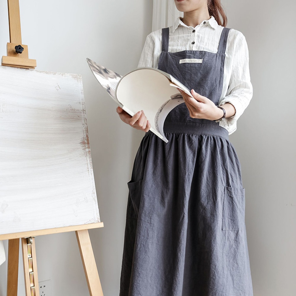 Brief Nordic Wind Apron Florist Cotton Linen Pleated Skirt Women Kitchen Aprons 